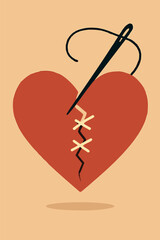 Flat vector broken heart being stitched by a thread and needle, visual for emotional recovery