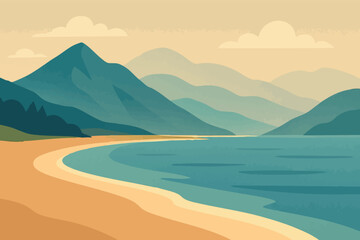 Flat vector coastal mountain scene with waterline, beach and misty hills