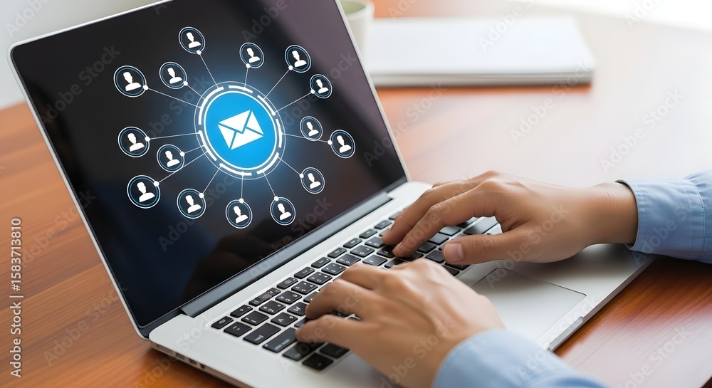 Poster person typing on a laptop displaying an email icon connected to user icons on the screen
