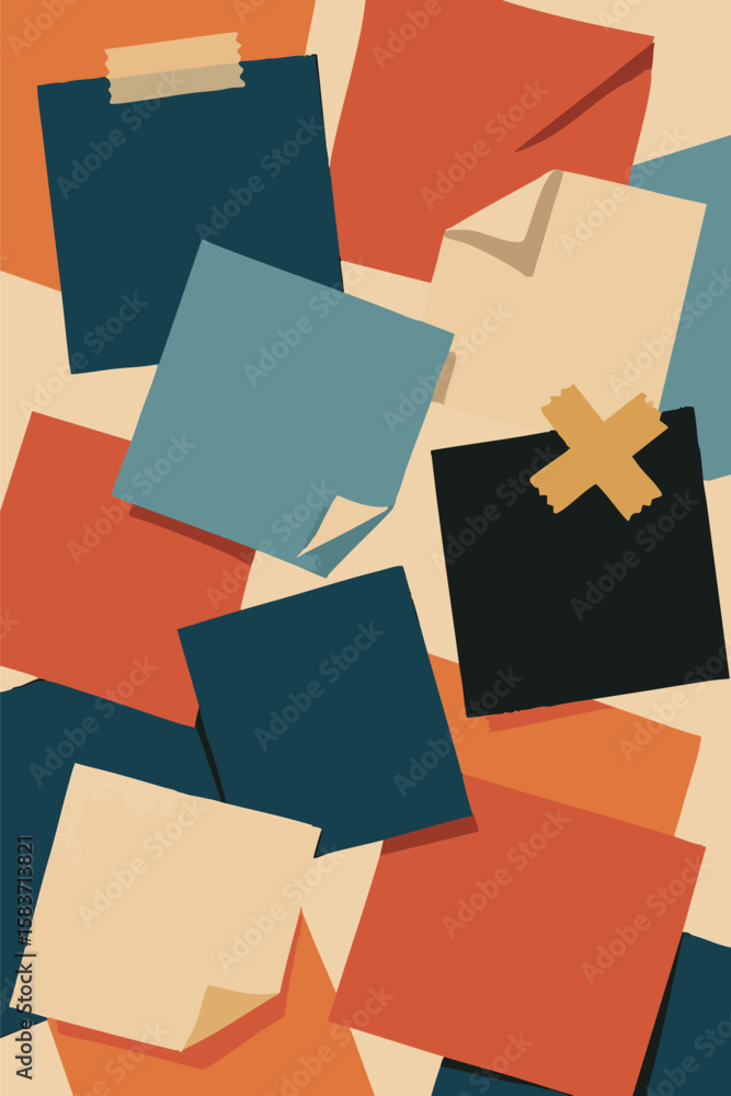 Aufkleber flat vector editorial cut-paste collage effect with random angles, tape icons and folded corners