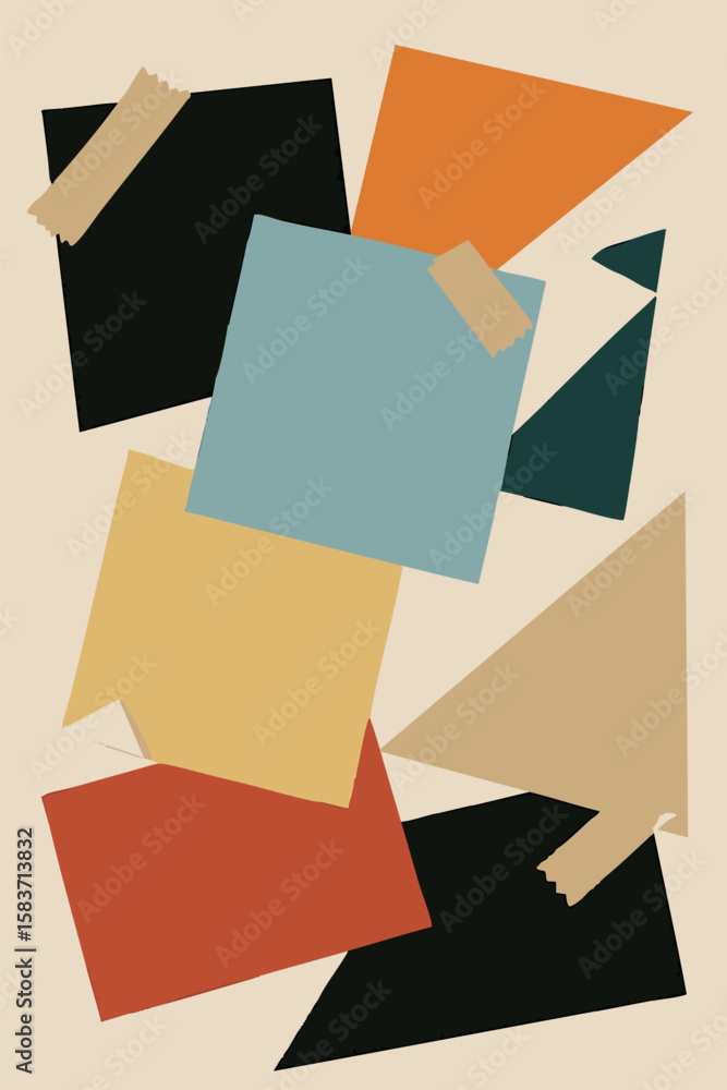 Aufkleber flat vector editorial cut-paste collage effect with random angles, tape icons and folded corners