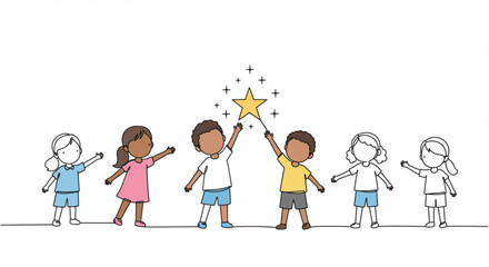 Fototapeta premium Children holding a star together in a playful outline illustration – Concept of single line outline vector peace day 