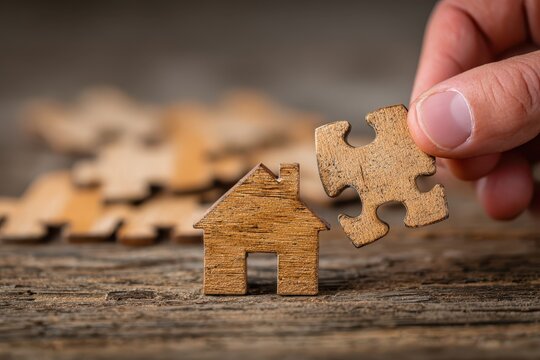 Down payment assistance program concept. Hand placing a puzzle piece on a house figure, symbolizing construction or personal growth.