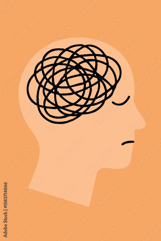 Poster flat vector head with tangled lines inside, visual metaphor for anxiety or mental overload