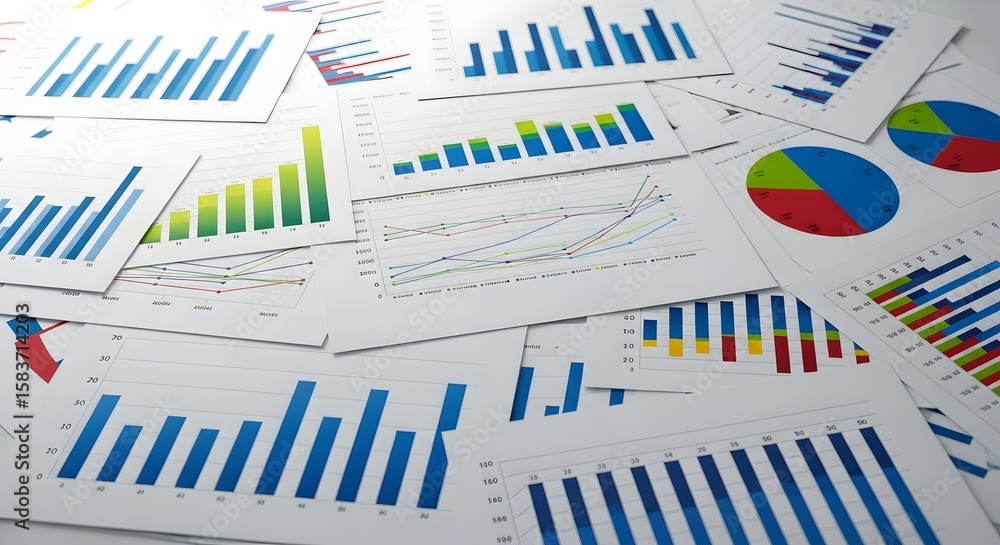 Poster scattered papers displaying various charts and graphs including bar line and pie charts analysis