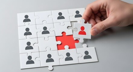 Hand placing a red person icon puzzle piece into a puzzle with gray person icon pieces on gray