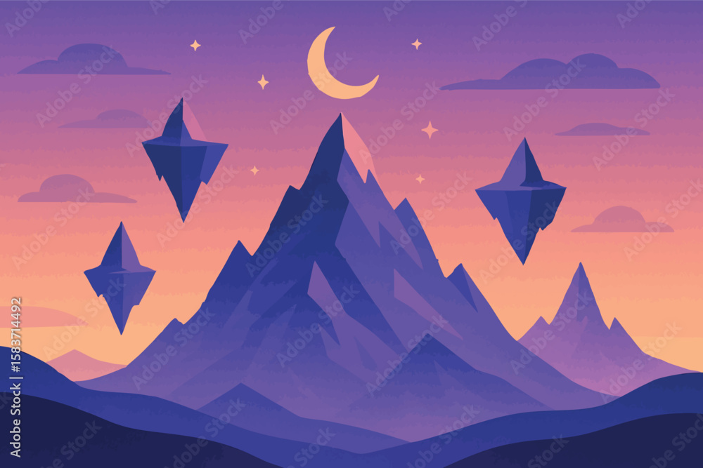 Poster flat vector mystical fantasy mountain with floating peaks and gradient sky