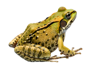 A sandy-green colored frog with highly detailed textured skin on white background