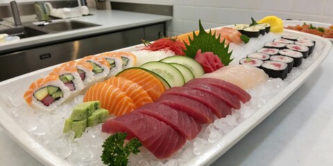 Elegant Assorted Sushi and Sashimi Platter Served on Crushed Ice