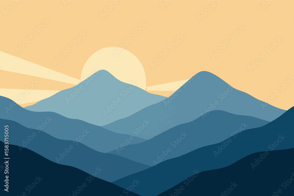 Aufkleber flat vector soft layered mountains with sunbeam rays in background