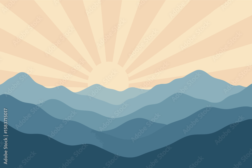 Aufkleber flat vector soft layered mountains with sunbeam rays in background