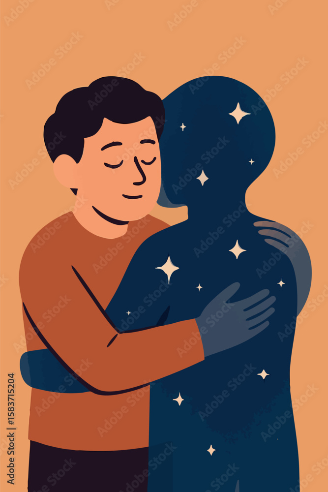 Poster flat vector two characters hugging, one transparent with stars, showing support and invisible strugg