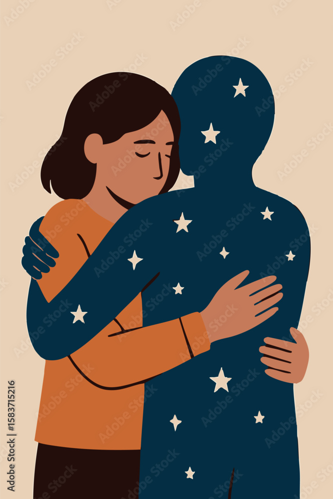 Poster flat vector two characters hugging, one transparent with stars, showing support and invisible strugg