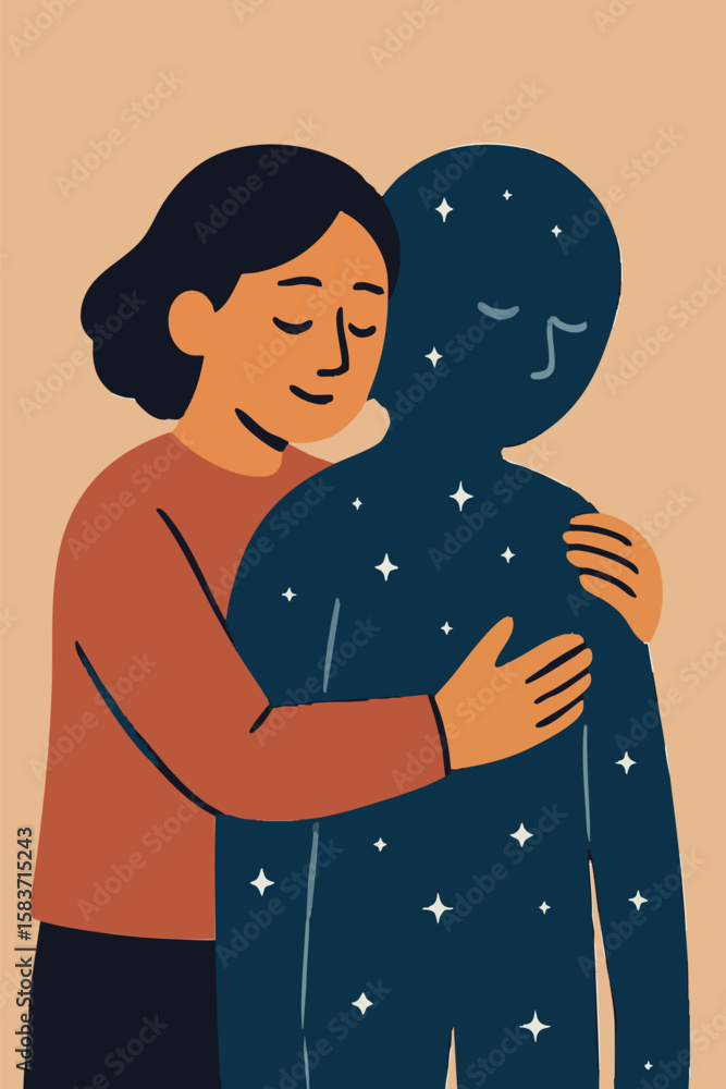 Poster flat vector two characters hugging, one transparent with stars, showing support and invisible strugg