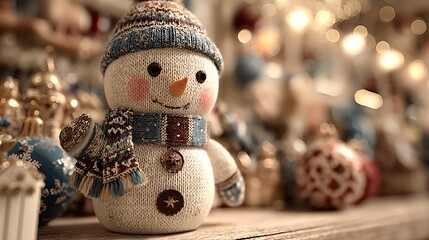 Cozy knitted snowman with a festive scarf and hat surrounded by blurred christmas ornaments and warm lights