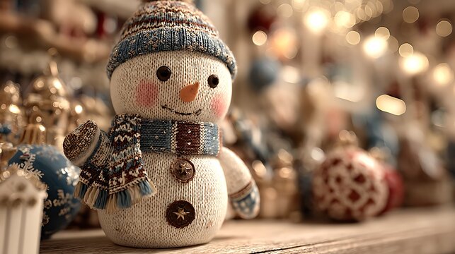 Cozy knitted snowman with a festive scarf and hat surrounded by blurred christmas ornaments and warm lights