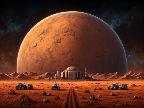 Martian Colony Base near Gigantic Red Planet under Starry Night Sky with Rovers and Equipment mars - Powered by Adobe