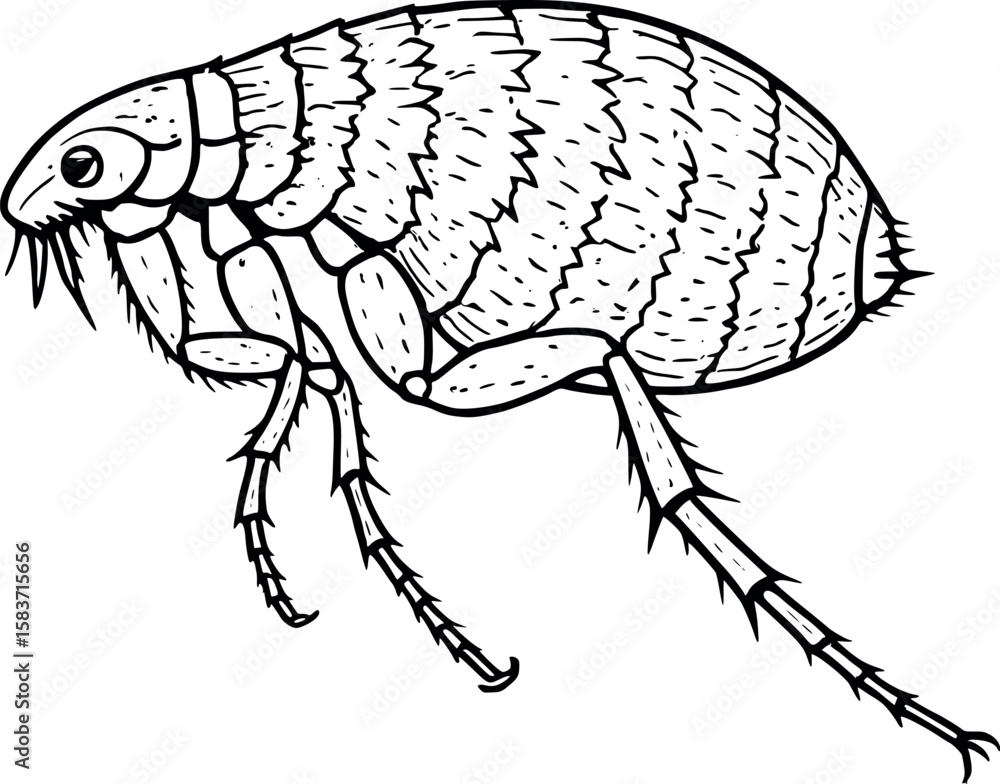 Poster line art vector of flea in jumping stance, side profile with rough shell texture, isolated on white