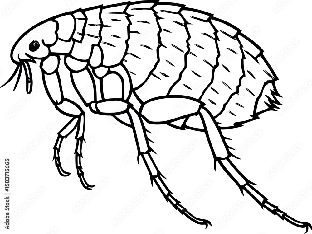 Poster line art vector of flea in jumping stance, side profile with rough shell texture, isolated on white