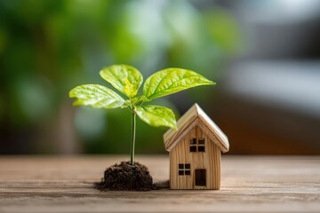 Down payment assistance program concept. A small plant grows beside a tiny wooden house, symbolizing growth and sustainability.