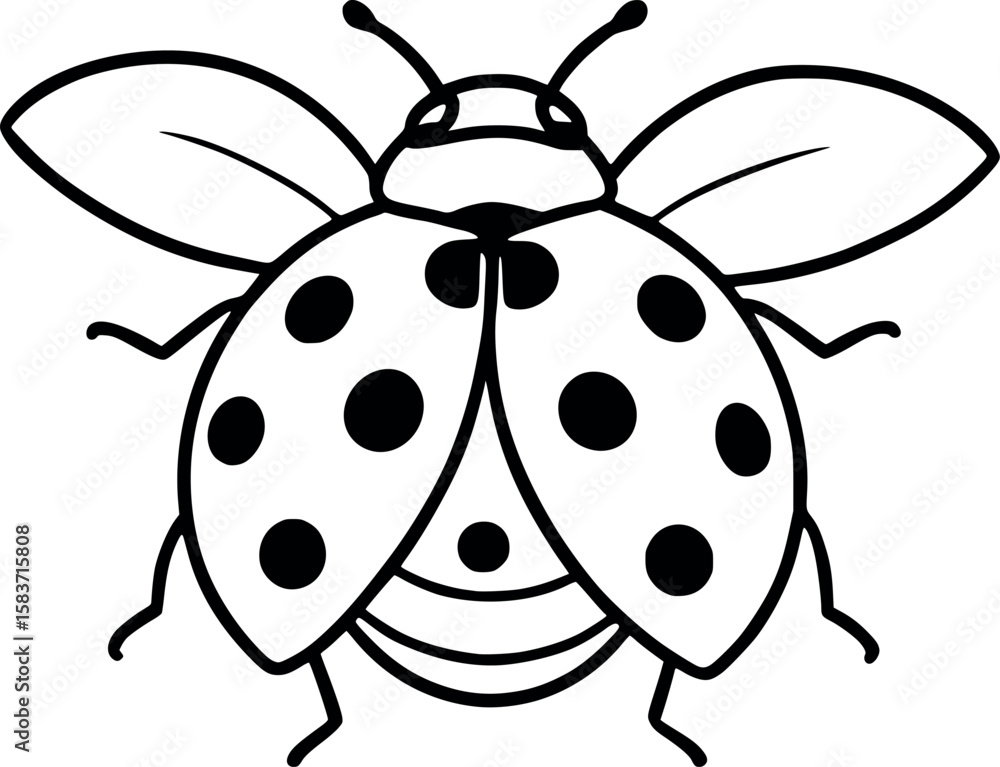 Poster line art vector of ladybug with visible dots and open wings, minimalist black outline, isolated on w