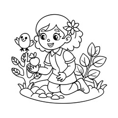 Obraz premium Little Girl Planting a Tree Sapling with Birds and Flowers Coloring Page