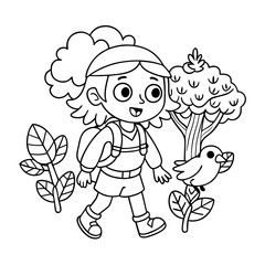Little Girl with a Backpack Hiking on a Trail with Trees Coloring Page