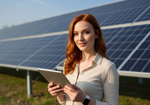 A smiling woman examines solar panels using a tablet in a field, promoting sustainable energy. - Powered by Adobe