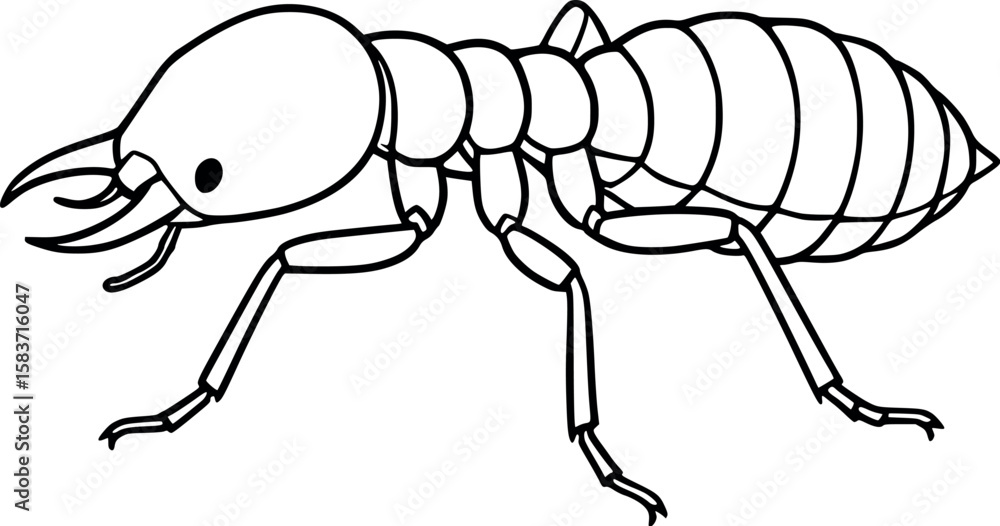 Poster line art vector of termite in crawling pose with segmented thorax and abdomen, isolated on white