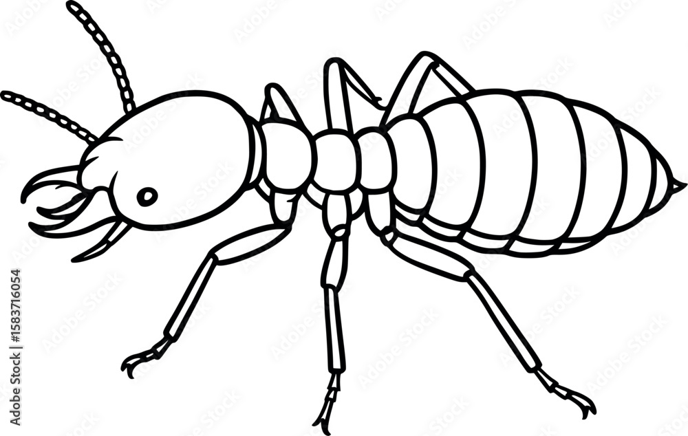 Poster line art vector of termite in crawling pose with segmented thorax and abdomen, isolated on white