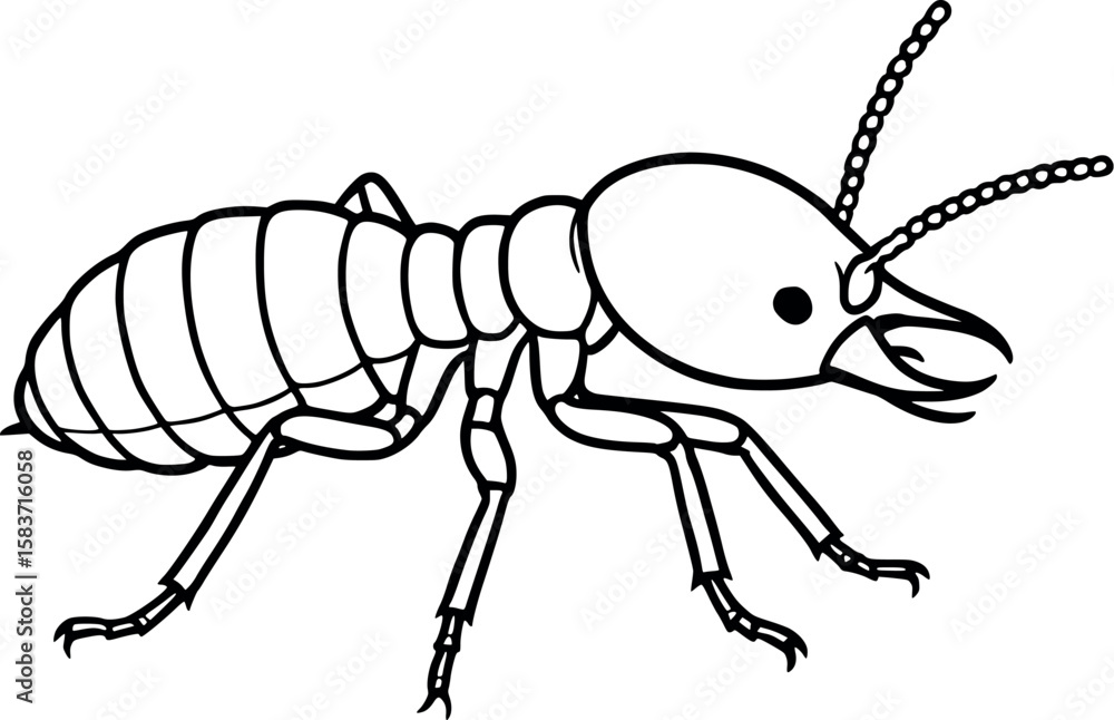 Poster line art vector of termite in crawling pose with segmented thorax and abdomen, isolated on white