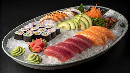 Elegant Assorted Sushi and Sashimi Platter Served on Crushed Ice