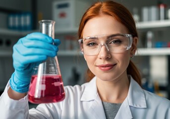 Fototapeta premium A female scientist smiles in a laboratory, holding a flask of pink liquid. 