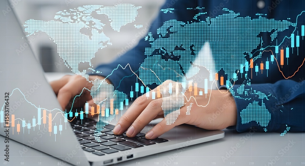 Poster close up of hands typing on a laptop with a world map and stock chart overlayed on the screen
