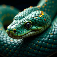 Fototapeta premium Close-up of vibrant green snake with shiny scales on dark background. 