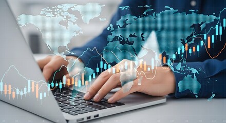 Close up of hands typing on a laptop with a world map and stock chart overlayed on the screen