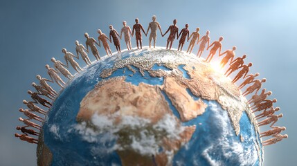 Humanity united around the globe holding hands symbolizing global connection and cooperation