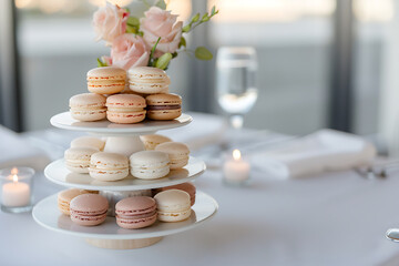dessert display, elegant macaron tower as a vibrant and opulent focal point on the celebration table