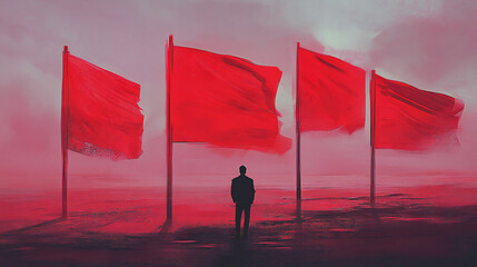 Red Flags: Man Stands Before Warning Signals, Alertness and Risk Concept