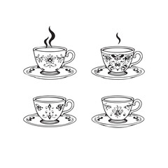 Four ornate black and white line art drawings of coffee cups and saucers