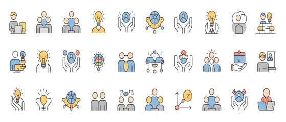 Collection of colorful flat line icons depicting business ideas and teamwork concepts
