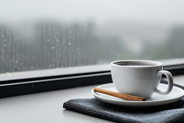 cozy autumn scene, warm cinnamon-spiced beverage on the windowsill, while its rainy outside on a fall day