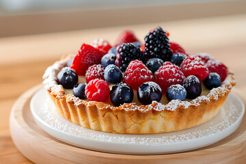 holiday dessert options, rustic holiday brunch style fruit tart topped with powdered sugar and berries