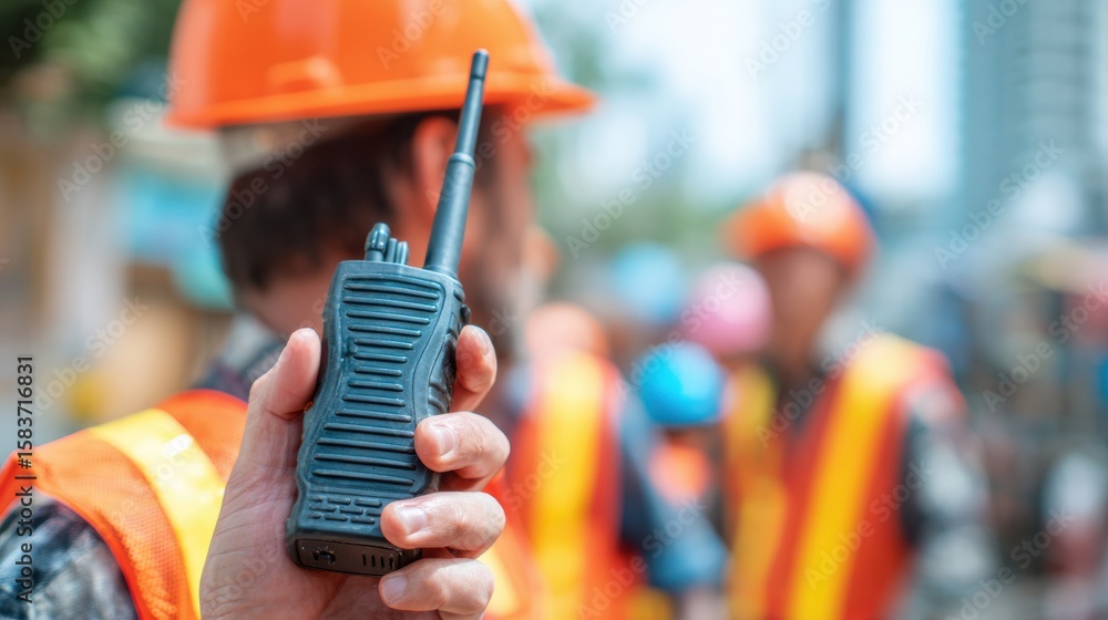 Poster man communicating with teammates using walkie-talkie in teamwork setting at urban construction site 