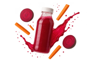 Healthy beetroot carrot juice bottle with dynamic splash, isolated on transparent background