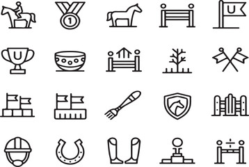 Equestrian sports and horse racing themed line art vector icons for design and illustration
