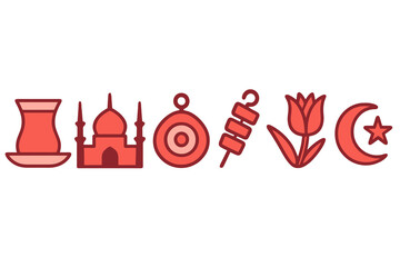 simple Turkey culture set with tea, mosque, amulet, kebab, tulip, crescent star in red tones on transparent background.
