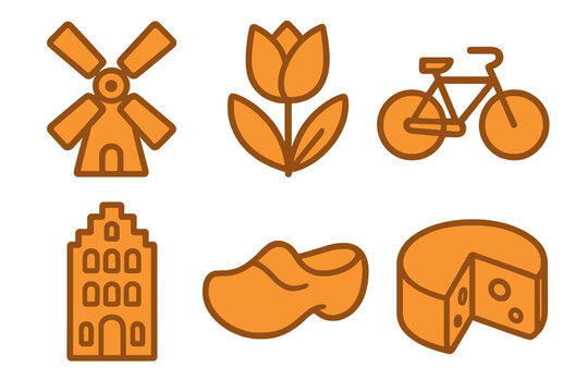 Dutch icons in light and dark orange shades: windmill, tulip, bicycle, canal house, wooden shoe, cheese. Flat cartoon style on transparent.