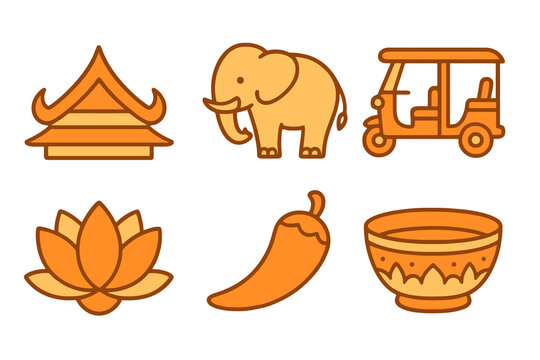 Thai icons in light and dark orange shades: temple, elephant, tuk tuk, lotus, chili, bowl. Flat cartoon style on transparent.