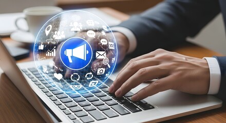 Man typing on laptop with digital marketing icons overlayed near a coffee cup on desk